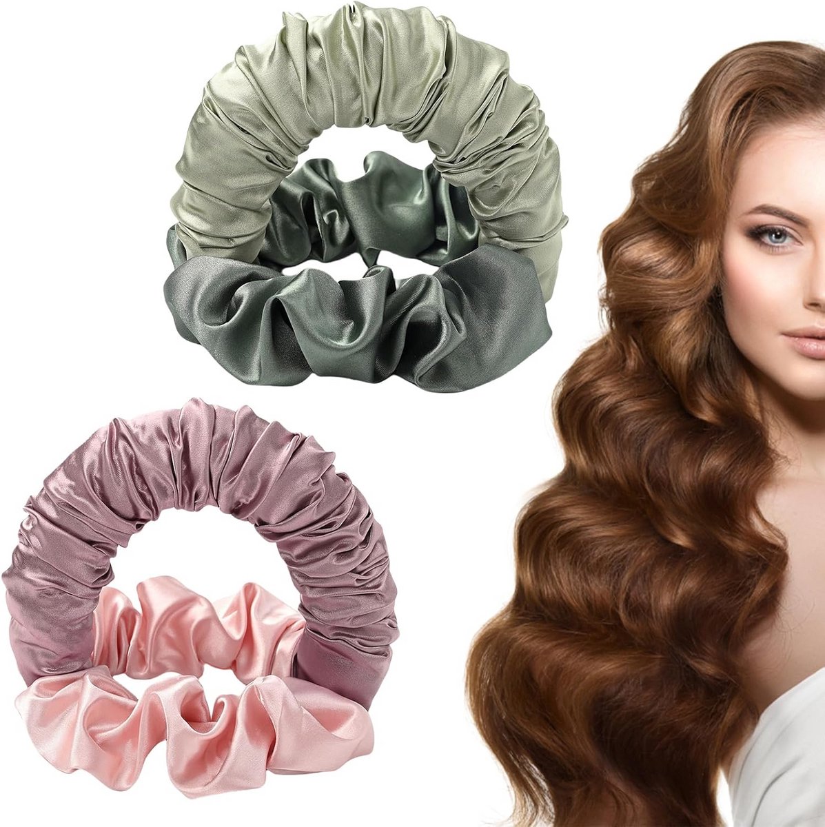 Hittevrije Krulset Scrunchies (2 Stuks) - Zachte Satijnen Haarbanden voor Lang Haar