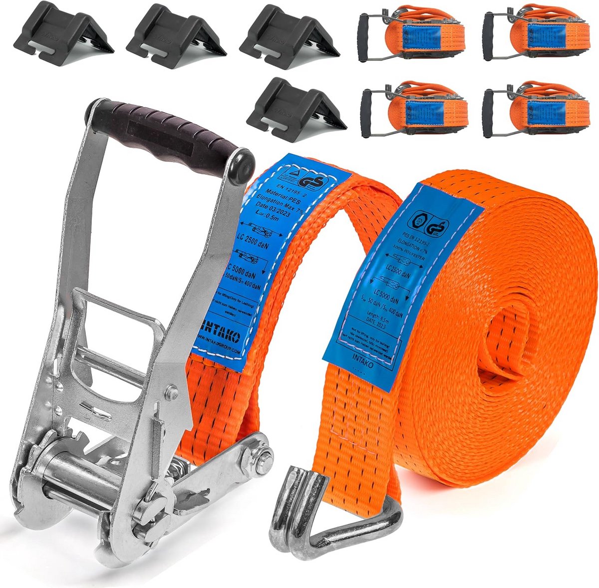 Set van 4 Spanbanden met Ratel - 10 Meter x 5 Ton - 50mm Breed - Inclusief Hoekbeschermers - TÜV GS Gecertificeerd