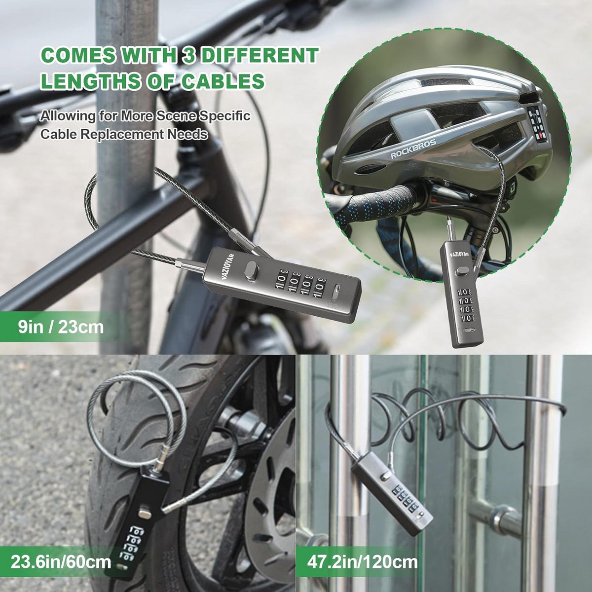Kabelsloten met combinatie voor fietsen en koffers - 3 lengtes, herconfigureerbaar 4-cijferig wachtwoordslot