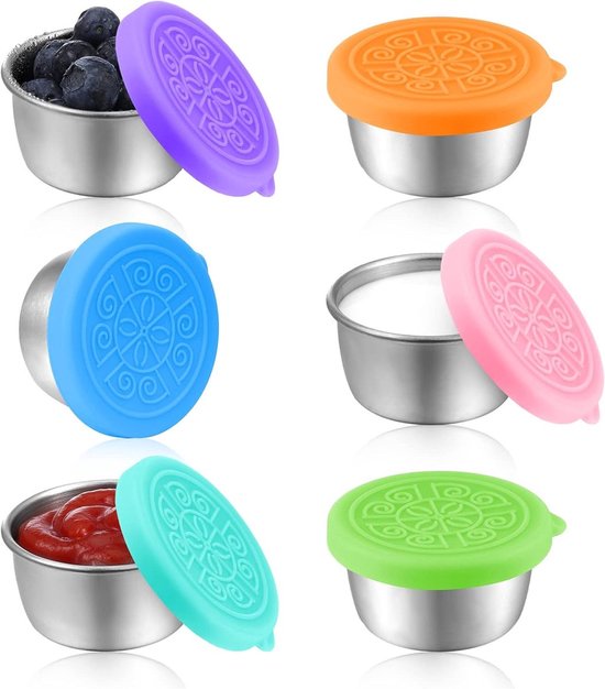 6 Stuks - Saladedressing containers - 40 ML - 5,5*5,5*2,5 cm - Sausbakje - RVS - Opbergdoos - Saladedressingbakje met siliconen deksel - Lekvrije sausbeker - Mini Vershoudbakjes - BPA Vrij - Draagbare lunchbox - Voor Snack/Dips/Salade/Specerijen