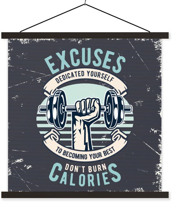 Posterhanger incl. Poster 120x120 cm - Schoolplaat - Gewichten - Fitness - Hand - Retro - Textielposter - Zwarte latten - Vaderdag cadeau - Geschenk - Cadeautje voor hem - Tip - Mannen