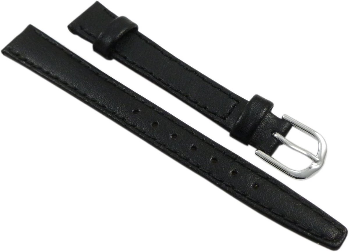 Zwarte Kalfsleren Horlogeband 14 mm met Zilverkleurige Gesp