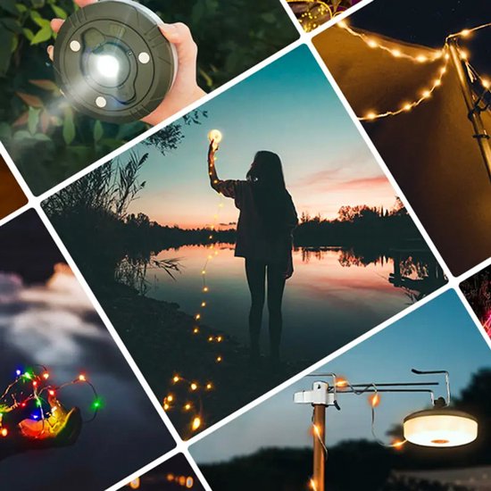 Campinglamp, tentlamp, oprolbare lichtslinger, multifunctionele buitenverlichting, opvouwbare lichtslinger geschikt voor kamperen - 10 meter warm licht + gekleurd licht — afbeelding 2