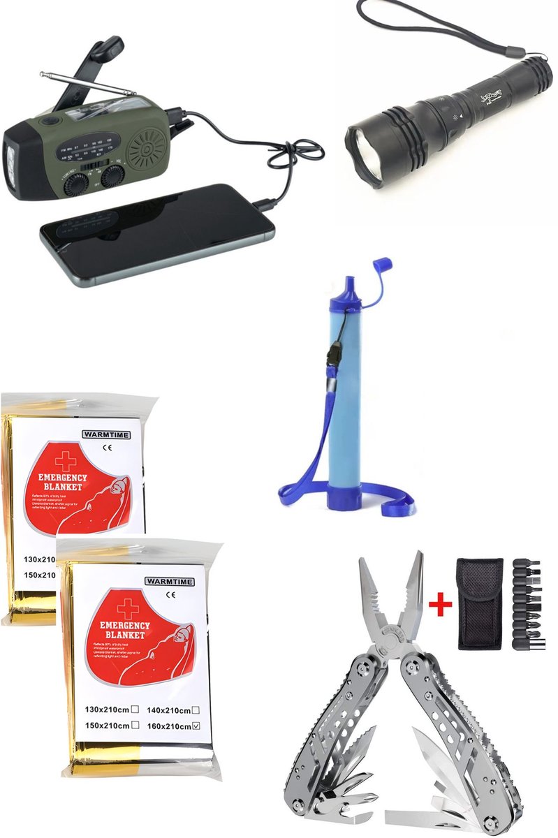 Compleet Noodpakket voor Noodgevallen – 6-in-1 - Noodradio - Waterfilter - Voor Veiligheid en Overleving - Survivalset - Rampen