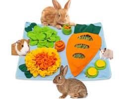 Konijnenhooi-voederbak - Interactieve fleece speelmat voor huisdieren, geschikt voor binnen, zoals cavia's, konijnen, chinchilla's, hamsters, fretten en andere kleine dieren - Antislip voermat met doseerfunctie, machinewasbaar (hooi niet inbegrepen)