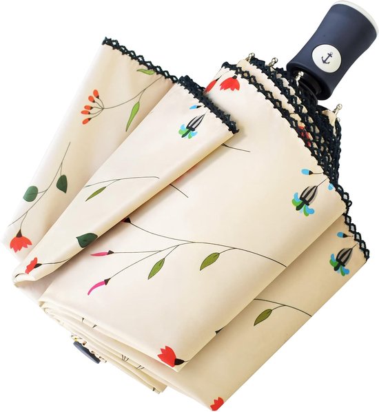 Parasol pare-soleil, parasol de travel compact avec pliage, mécanisme d'ouverture/fermeture automatique, résistant au vent et à la pluie, protection UV 99,9 %, doté d'un revêtement anti-UV noir (motif floral)