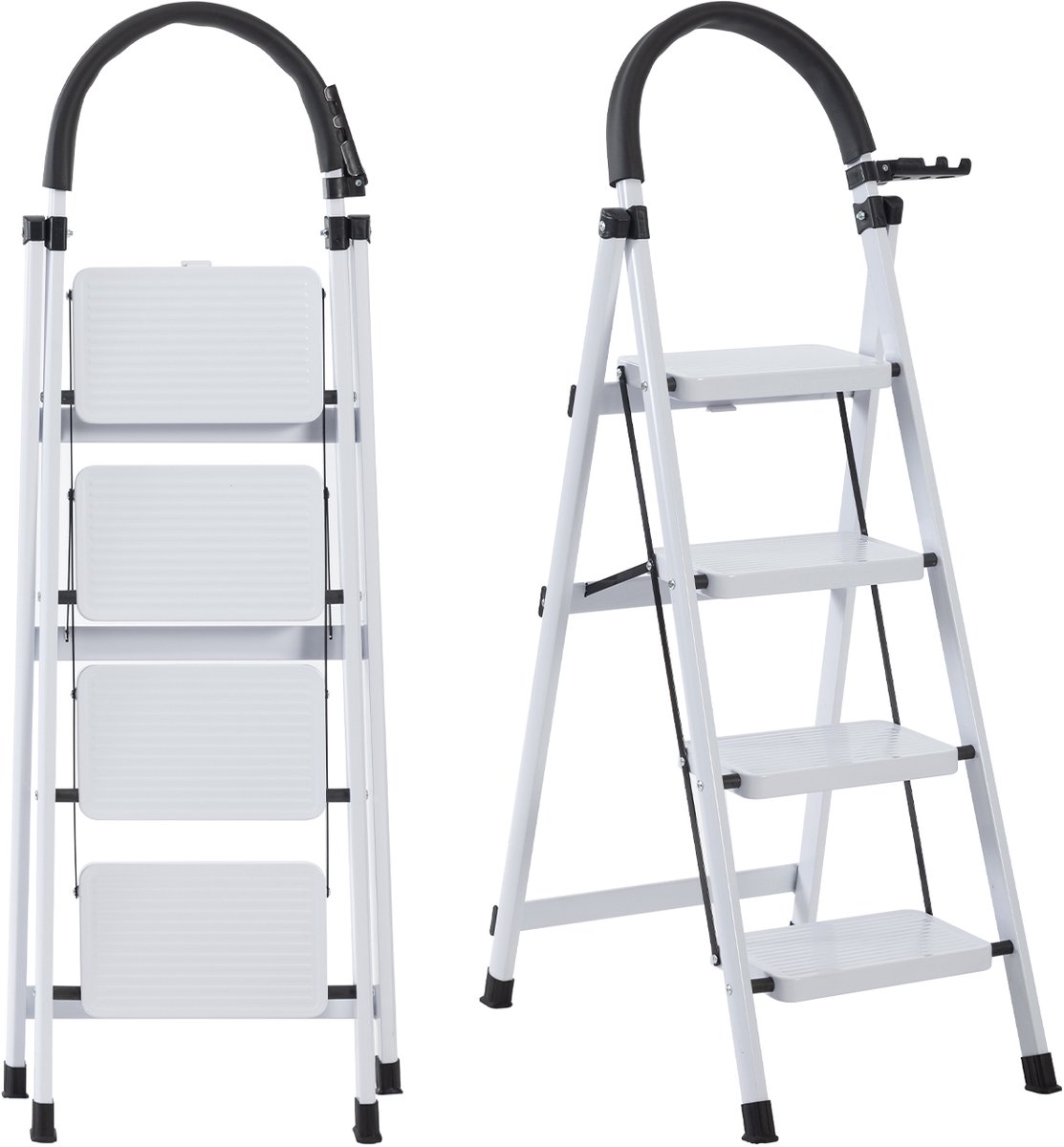 OFMOTRA Huishoudtrap 4 treden - keukentrap - Inklapbar/opvouwbar - antislip - 150kg Draagkracht - Max werkhoogte: 279 cm - Wit
