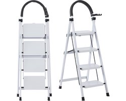 OFMOTRA Huishoudtrap 4 treden – keukentrap – Inklapbar/opvouwbar – antislip – 150kg Draagkracht – Max werkhoogte: 279 cm – Wit