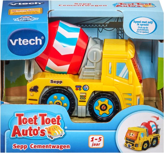 Gele Vtech cementwagen speelgoed in verpakking. Met rode en blauwe strepen op de betonmixer. Sepp Cementwagen.