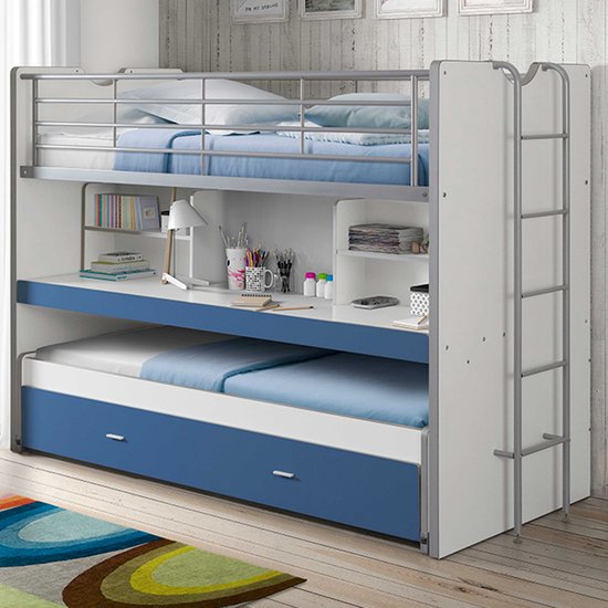Lit mezzanine Bonny 80 avec bureau et tiroir de lit - bleu - Vipack - Lits mezzanines avec bureau - Bleu - Métal|Panneaux de particules - Lits mezzanines avec bureau