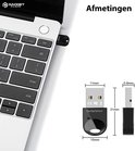 Zwarte Gadgetplace USB Bluetooth adapter aangesloten op een laptop, met afmetingen: 15mm breed, 31mm hoog, 11mm diep.