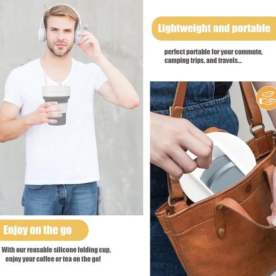 Opvouwbare Reisbeker 350ml - Opvouwbare Siliconen Drinkbeker Met Deksel - Voor Warme En Koude Dranken - Met Rietje - Lekvrij En Lichtgewicht - Herbruikbare Sportwaterfles - Voor Kamperen Wandelen Sport En Reizen - Outdoor Drinkfles - Grijs En Wit — afbeelding 2