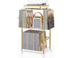 Verte Platenspeler Meubel -Platenkast met 2 Vinylhouders en Bijzettafel – Meubel voor Platenspelers met Ruimte voor Maximaal 150 Platen – Platenkast en Platenspeleronderzetstuk voor de Woonkamer of Slaapkamer – Goudkleurig