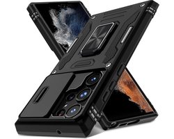 Étui Podec avec Protecteur d'écran - Compatible avec Samsung Galaxy S25 Ultra - Zwart Étui de téléphone - Étui Anti-Choc - Housse Hybrid Armor avec Ring Kickstand