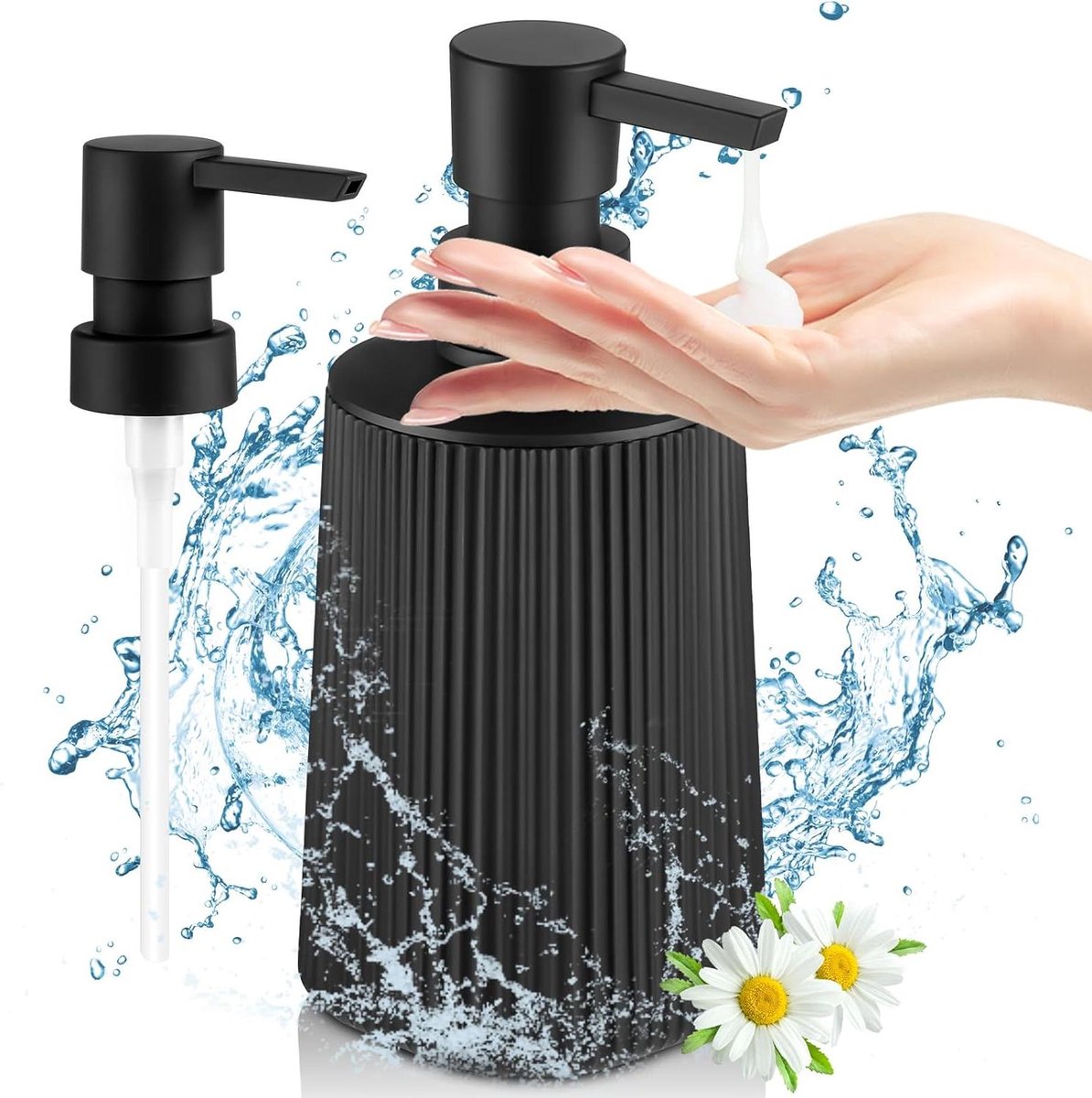 Ronte - Zeepdispenser met 2 Pompdispensers voor Badkamer en Keuken - Kunststof Afwasmiddeldispenser - Modern Design - Zwart - Handzeepdispenser - Werkblad - Badkamerstyling - Duurzaam in Gebruik.