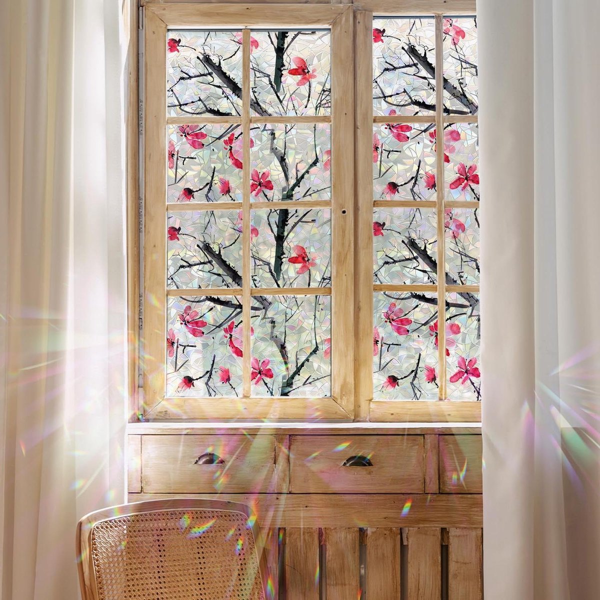 Ronte - Raamfolie voor privacy met roze bloem motief - 300 cm x 43 cm - Anti-UV en warmteregulerend.