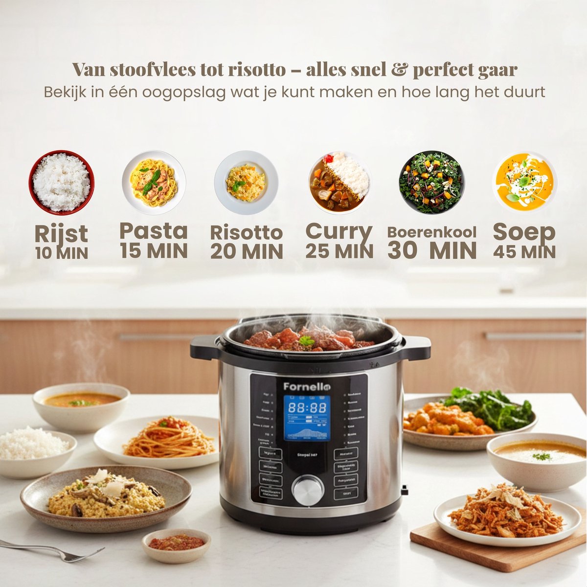 Fornello Multicooker 6L - Pan PFAS vrij - Rijstkoker met stomer - Slowcooker met timer - Rice Cooker – foto 6