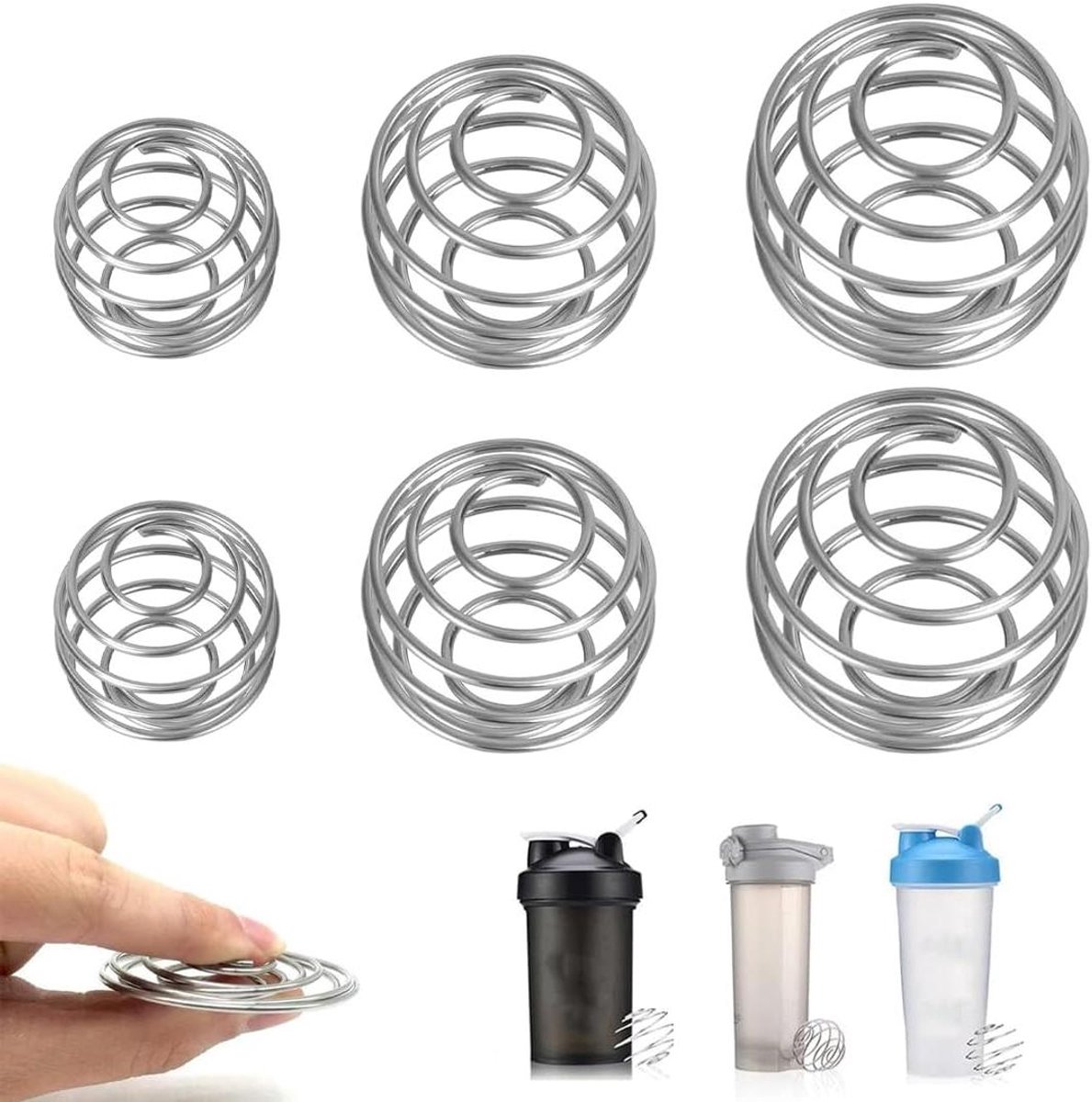 Ronte - Roestvrijstalen kogelmixer voor proteïne-shakes en smoothies, set van 6 stuks, ideaal voor flessen en bekers van 31/40/48 cm