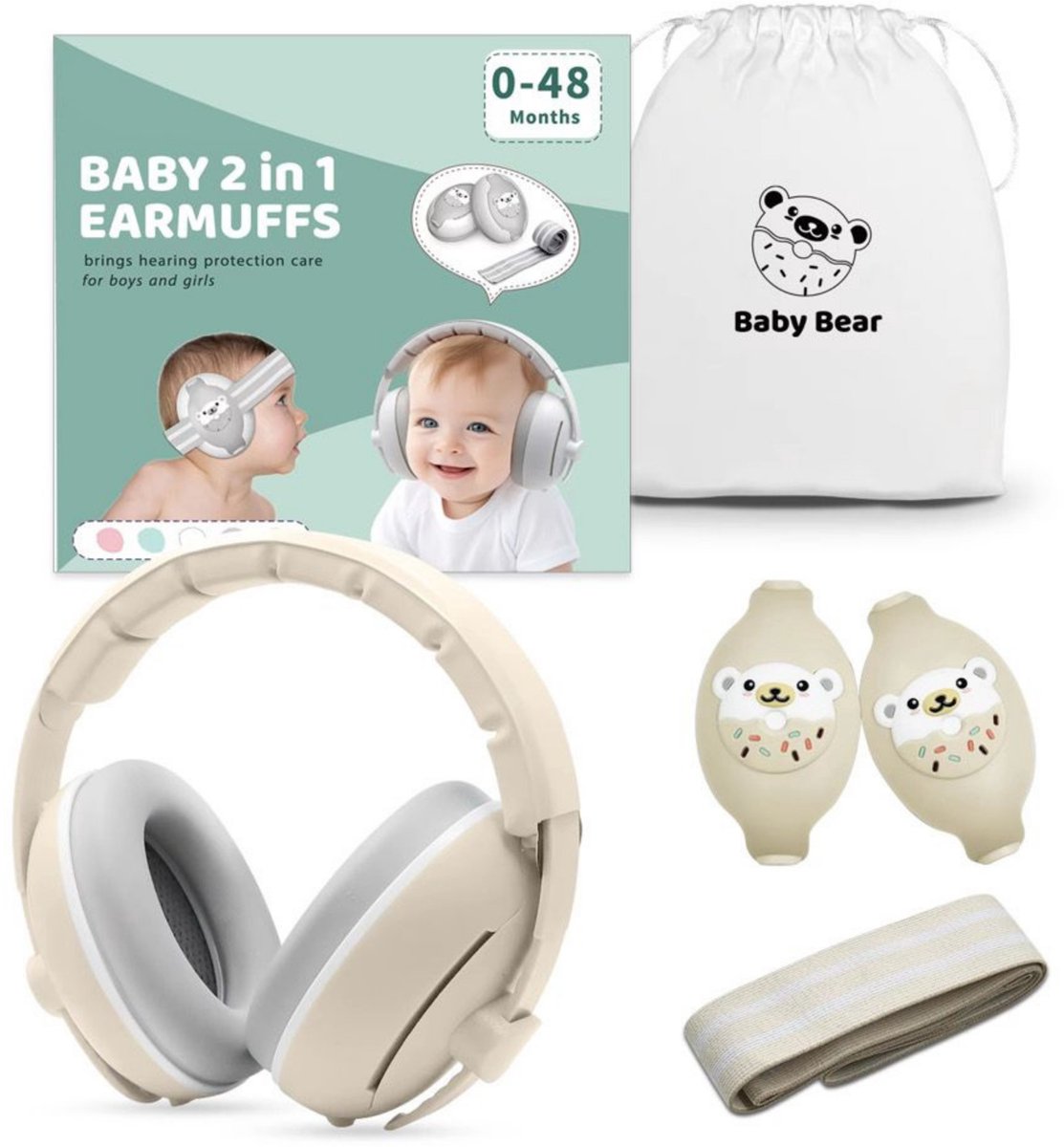 KM Gehoorbescherming baby - gehoorbescherming kind - 0 ‑ 4 jaar – 2 ‑ in ‑ 1 oorkappen – SNR 27 dB – Drukvrije Zachte Babyband – Verstelbare & Comfortabele Oorkappen – Duurzaam - Baby & Peuter- Beige
