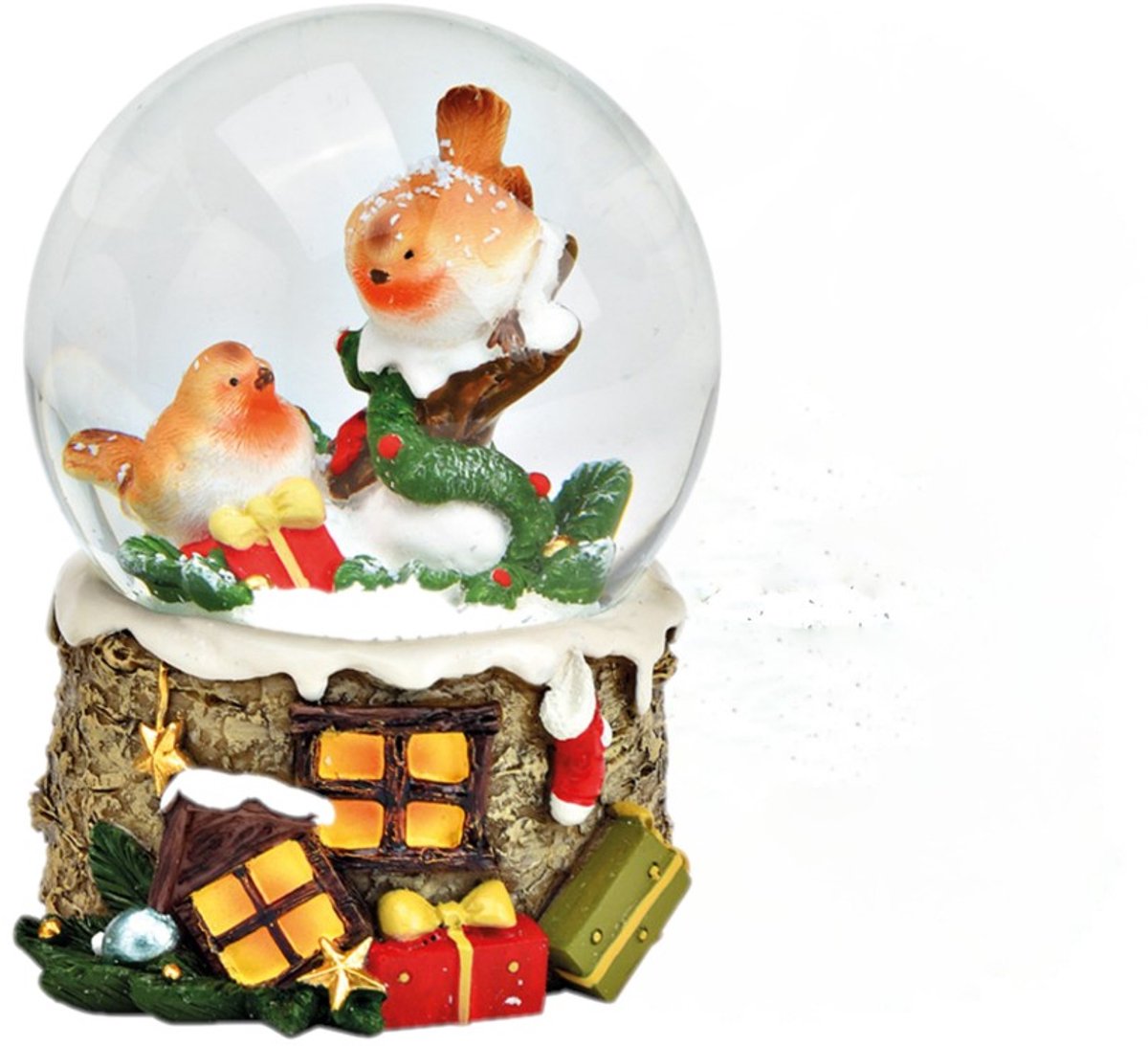 Wurm - Sneeuwbol - Roodborstje - Vogeltjes - Winter - Voet boomstronk met raampjes en cadeaus - Kerstcadeau - Kerstmis - Kerstdecoratie - 7x6x9cm - Polyresin/glas - 2 assorti