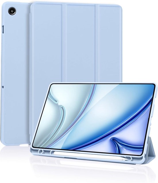 Étui de tablette bleu clair, pliable en support, avec porte-stylet.