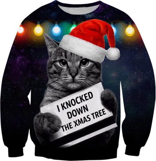 Foute kersttrui met kerstkat en kerstmuts - Maat XL - Foute Kersttrui - Superfout - Foute trui - Feestkleding - Kerstkleding - Foute kleding - Kerst trui - Kersttrui dames - Kersttrui heren - Lelijke Kersttrui - Grappige Kersttrui - Kerstmutsen -