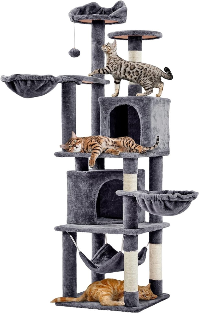 Yaheetech XXL krabpaal, 175 cm plafondhoogte, krabpaal voor 3-4 katten, stevige klimpaal met sisal krabpalen, platforms, mand, hangmat, pluche bal
