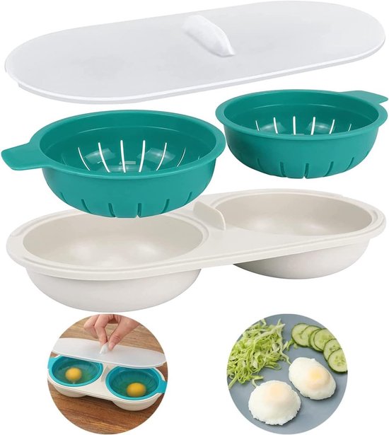 Eierkoker, magnetron, stoomei, dubbele beker, eierschaal, stoompan, hoge capaciteit, 2 kopjes, design, pan met antiaanbaklaag, voor het koken van eieren in de keuken (blauw)