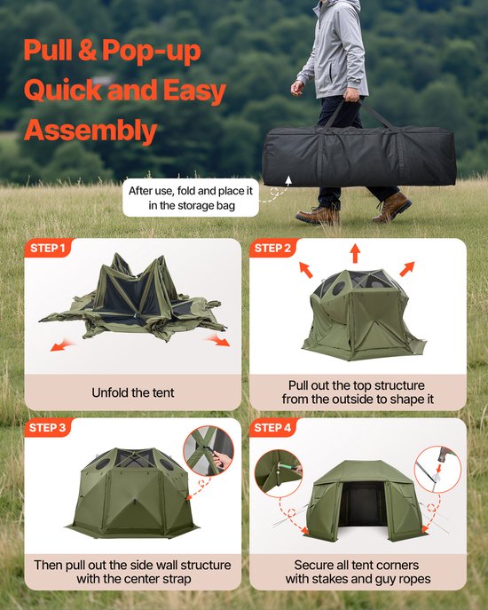Pop-Up Gazebo Schermtent, 3.96 x 3.96 m, 13-Zijdige Dome Kampeer Canopy Met Losneembare Dak & Draagzak, Eenvoudige Opbouw & Insectbestendig, Buiten Zonnescherm voor 10-12 Personen, Groen van Merkloos — afbeelding 5