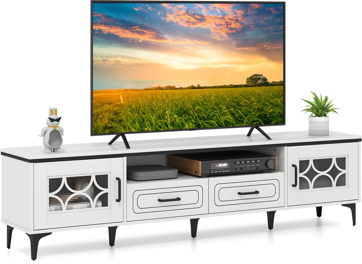 Costway Tv-kast van bamboe, lowboard voor tv's tot 80 inch, tv-kast met 2 laden, 2 deuren en vak, televisietafel met metalen poten, tv-kast voor woonkamer (wit)