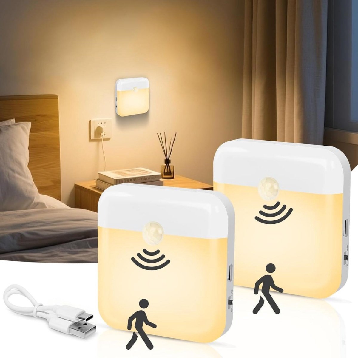 GELLDG Nachtlampjes met bewegingssensor - 2-pack - Oplaadbare Type-C LED-nachtlampjes - Warm wit licht - Automatische schakelaar - Magnetisch - Bewegingsmelder licht - Geschikt voor kinderkamers, gangen en keukens
