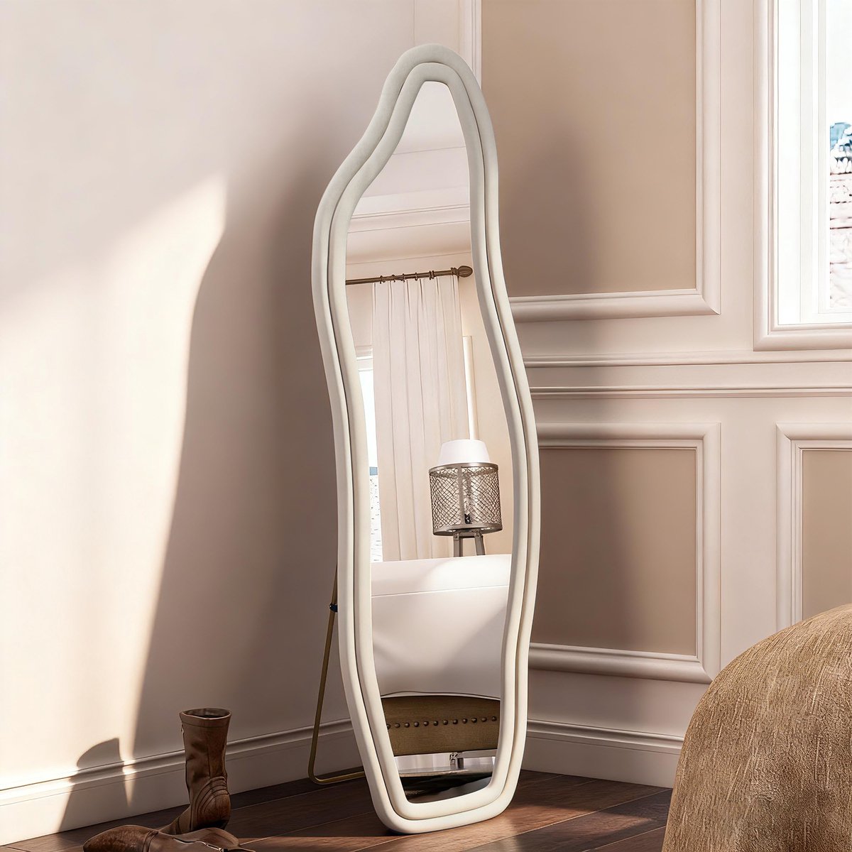 Onregelmatig Passpiegel 140x45 cm – Grote wandspiegel met Veloursrandspiegel, Multifunctionele (Opstaan/Wandhangen/Aanleunen), Designspiegel voor Dressing/Woonkamer/Slaapkamer, Wit