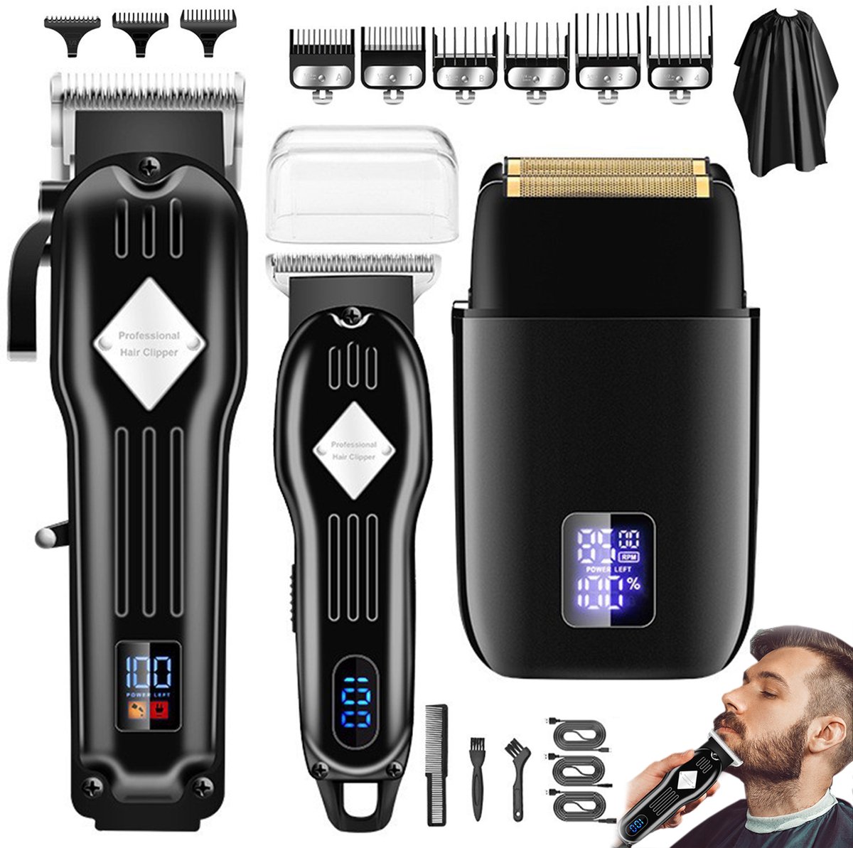 OKWISH Tondeuses - Haar Tondeuse Set voor Thuis met Trimmer Set, Draadloze Oplaadbare Tondeuse, Professionele Kapsel Tondeuse, Metaal Roestvrij Staal, Zwart