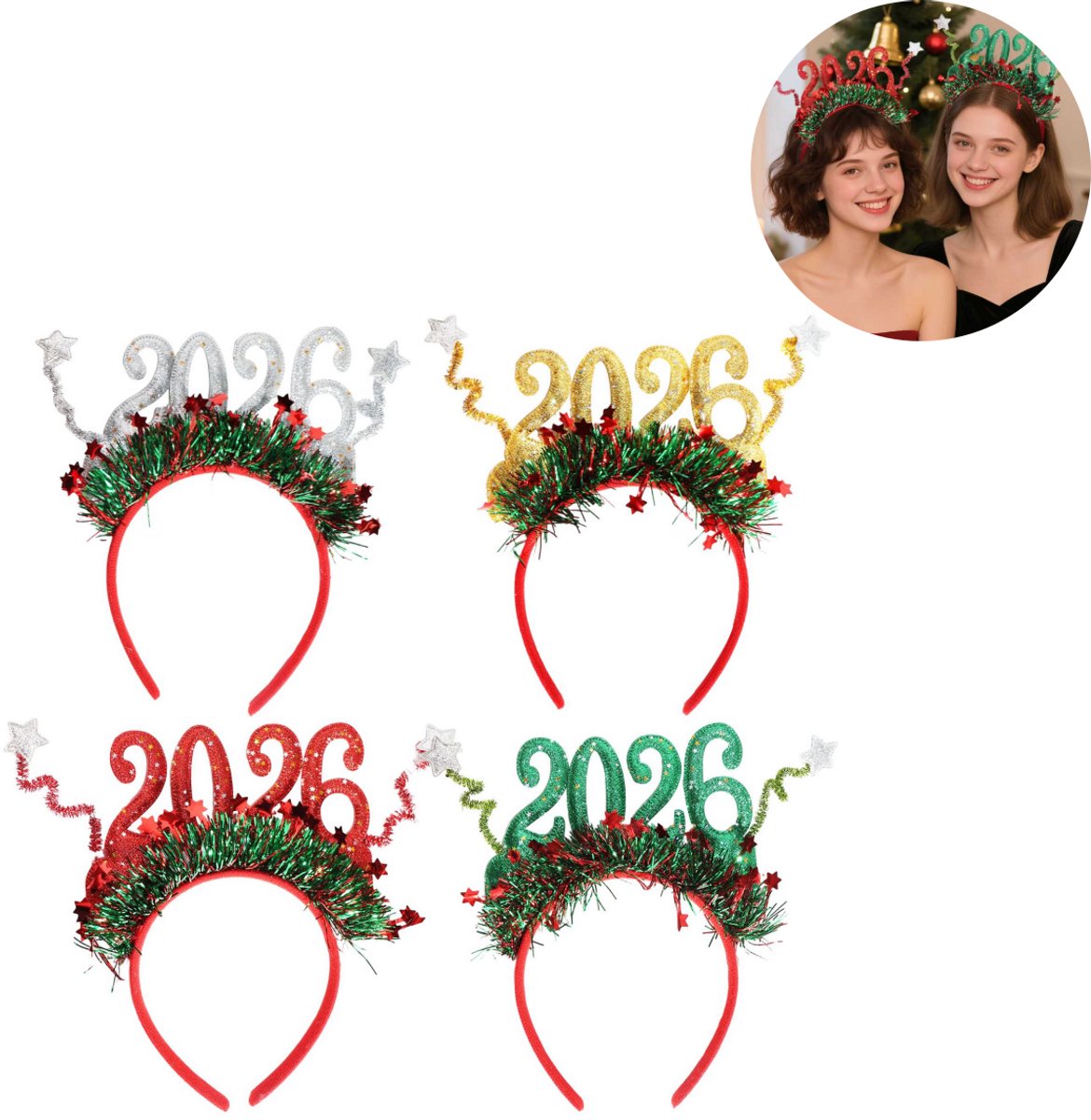 4 stuks - Kerstversieringen - Haarbanden - Haaraccessoires - Haarbanden met lint - Kerstmis 2026 - Feestelijke hoofddeksels voor foto's en feestjes - Diverse kleuren