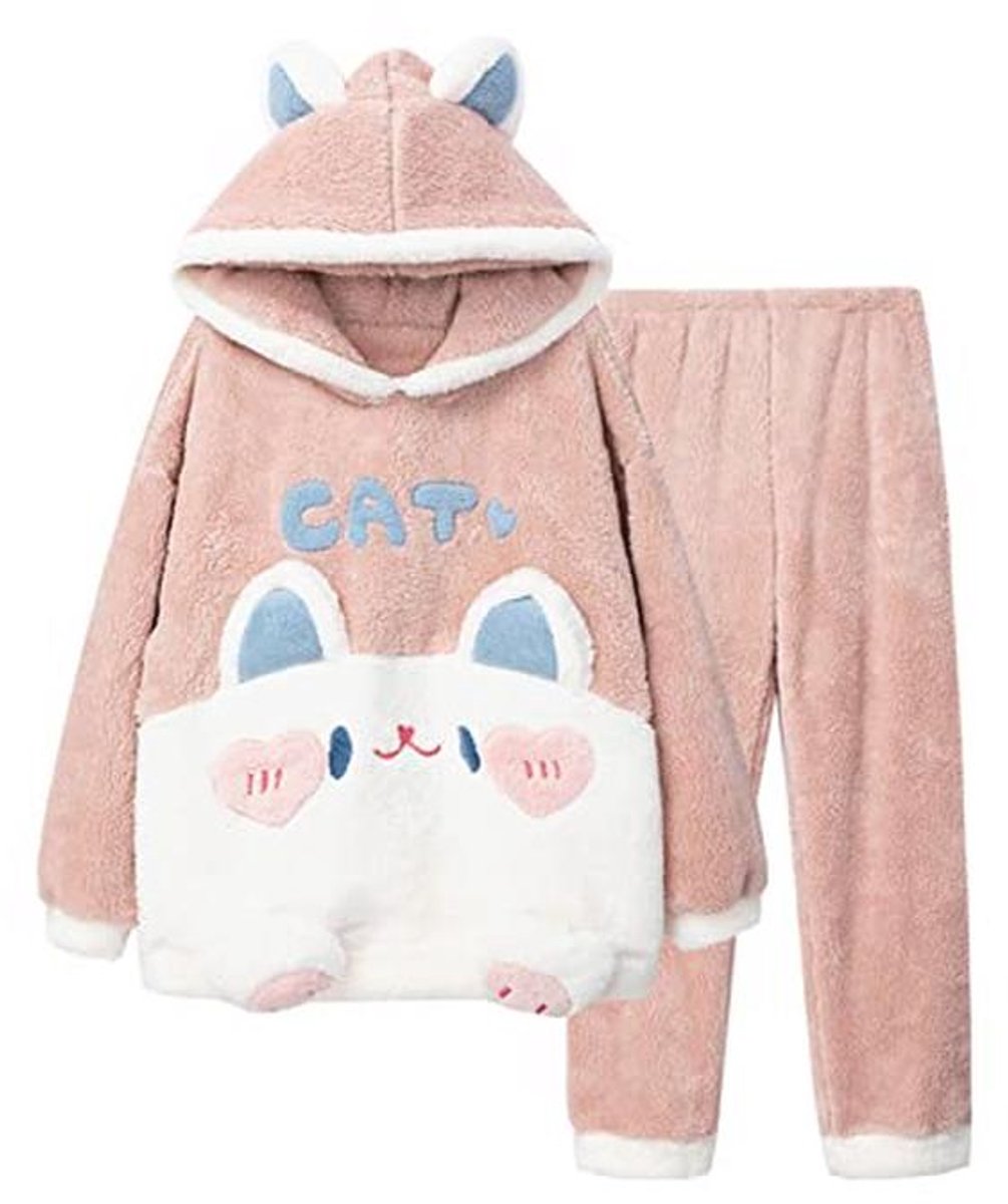 Dames Warme Pyjama Set met Schattige Katteprint - Flanellen Nachtkleding en Loungewear