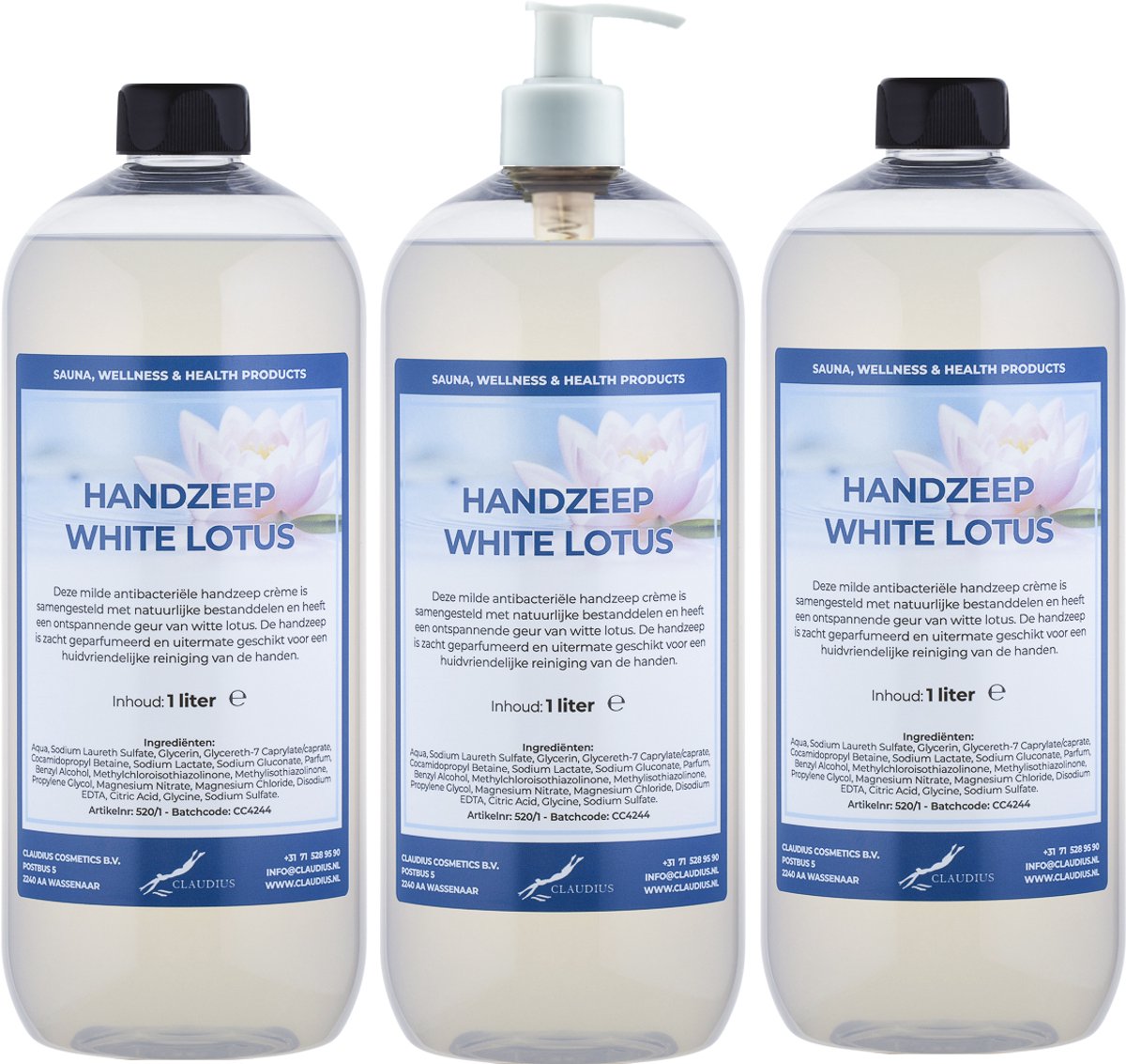 Handzeep White Lotus 1 liter - set van 3 stuks - met gratis pomp - Voordeelverpakking