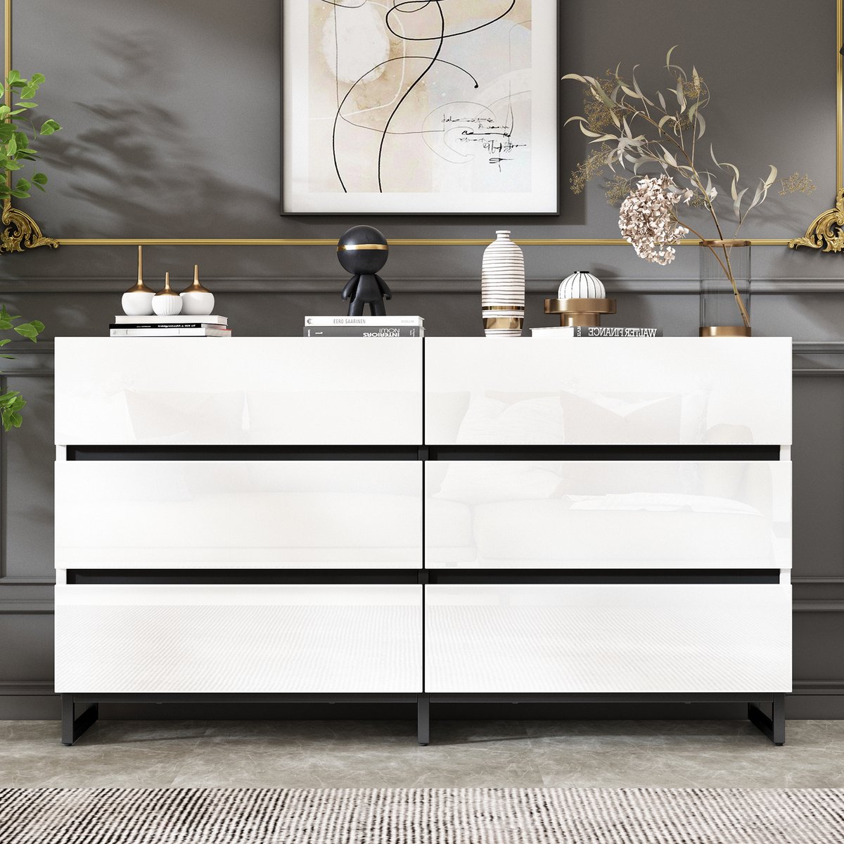 MODFU Luxe Dressoir / Ladekast met 6 Lades (140 cm) - Moderne Commode Hoogglans Wit met Zwart Metalen Frame