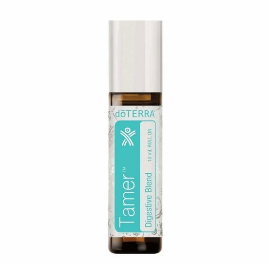 DoTerra Tamer Digestive Blend 10 ml roll-on flesje met witte dop en label met turquoise en grijze patronen.