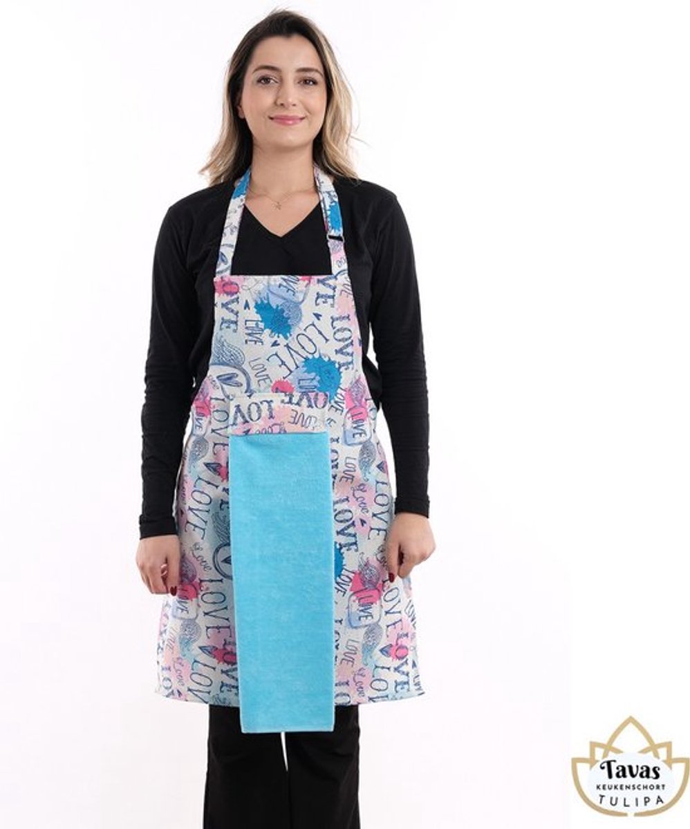 Tulipa Master Keukenschort met Handdoek Blauwe Love Professioneel Verstelbaar Kookschort 55 x 75cm | Handdoek - 30 x 50 BBQ Schort Horecakwaliteit Schorten voor vrouwen One Size Fits All