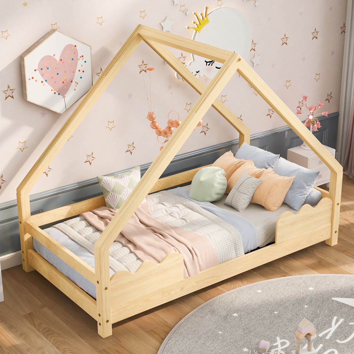 Wishdor Kinderbed 90x200 cm - Golvende Uitvalbeveiliging - Naturel Massief Grenen - Veilig & Natuurlijk