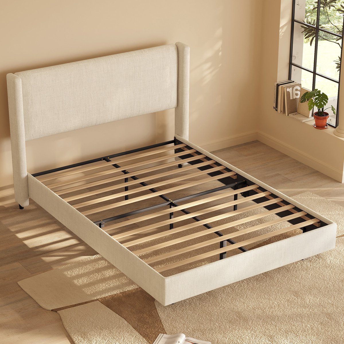 Guyii bed 140 cm - Luxe Tweepersoons Bedframe met Hoofdbord - Linnenlook Stof - Stevige Lattenbodem - 400 kg Draagkracht - bedframe