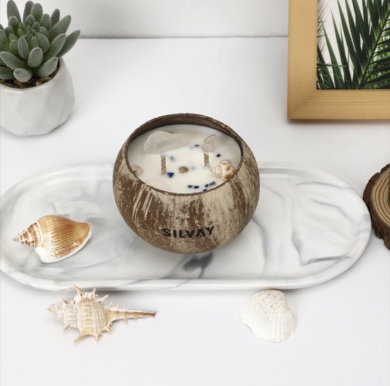 Handgemaakte Kokoskaars – Ocean Breeze & Vanille Geur – Met Kristal & Schelpen – Duurzame Sojawas – Luxe Decoratieve Geurkaars – Perfect Cadeau