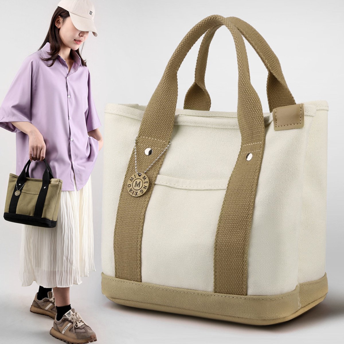 Draagbare, grote canvas tas voor casual lunchboxen met meerdere compartimenten (khaki)