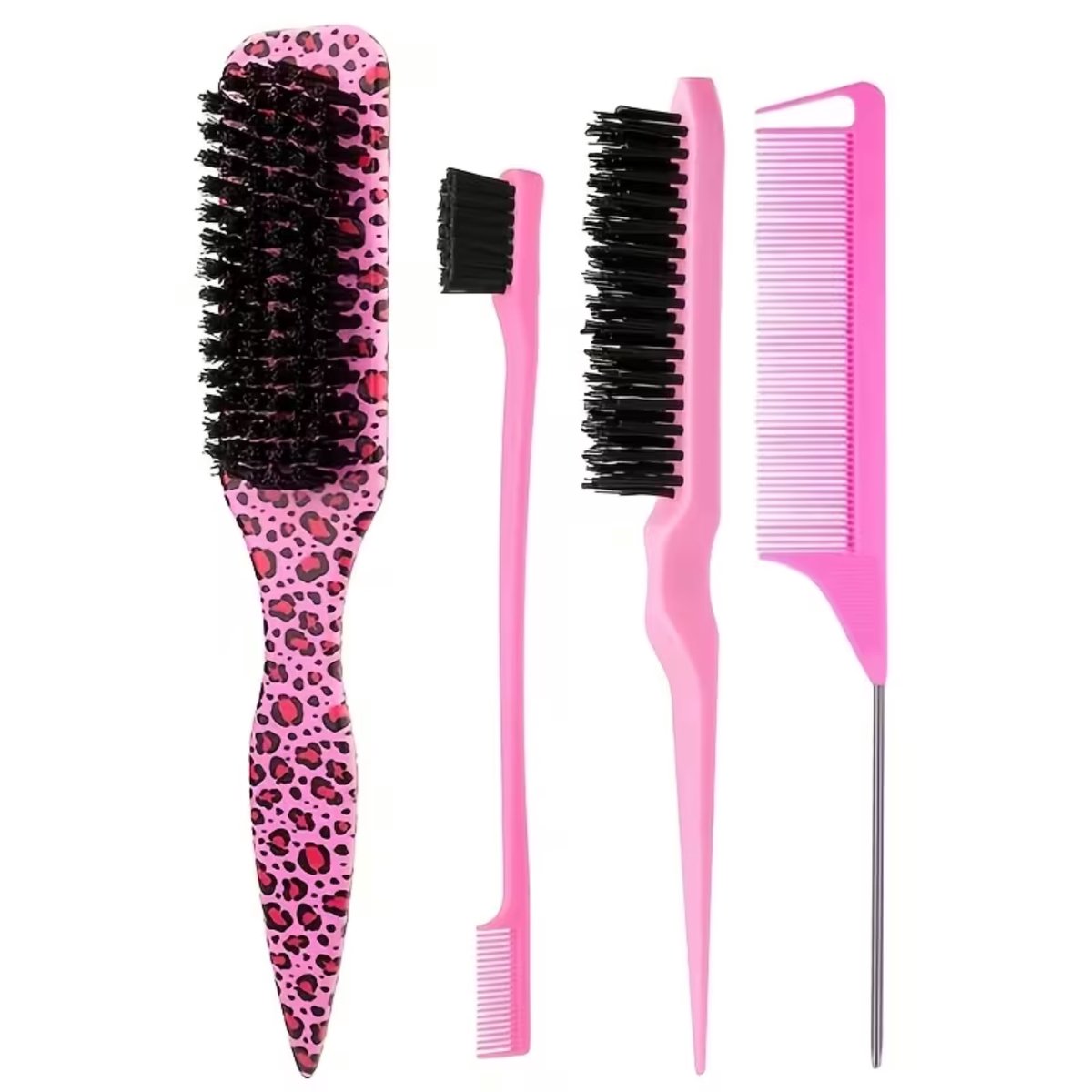 FA-VE Haarverzorgingsset – 4-delige Roze Kammen & Borstels – Edge Brush, Kam & Stylingtool Set - Slick Back Brush - Roze / Panterprint