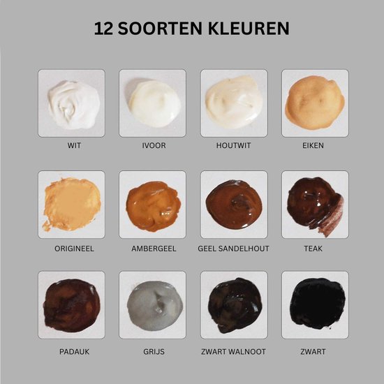 Kleurenkaart met 12 tinten reparatiepasta voor meubels: Wit, Ivoor, Houtwit, Eiken, Naturel, Ambergeel, Geel Sandelhout, Teak, Padauk, Grijs, Zwart Walnoot, Zwart.