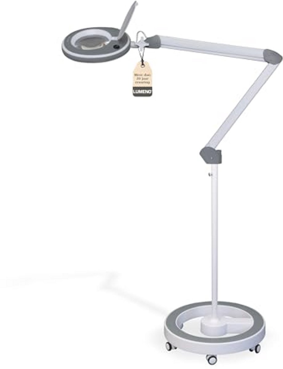 Lumeno 8215GR LED Magnifying Lamp Work Light Cosmetic Lamp, Adjustable Brightness, Crystal Clear 127mm Glass Lens, Reading Aid/Magnifier, 5 Diopter with Roller Stand