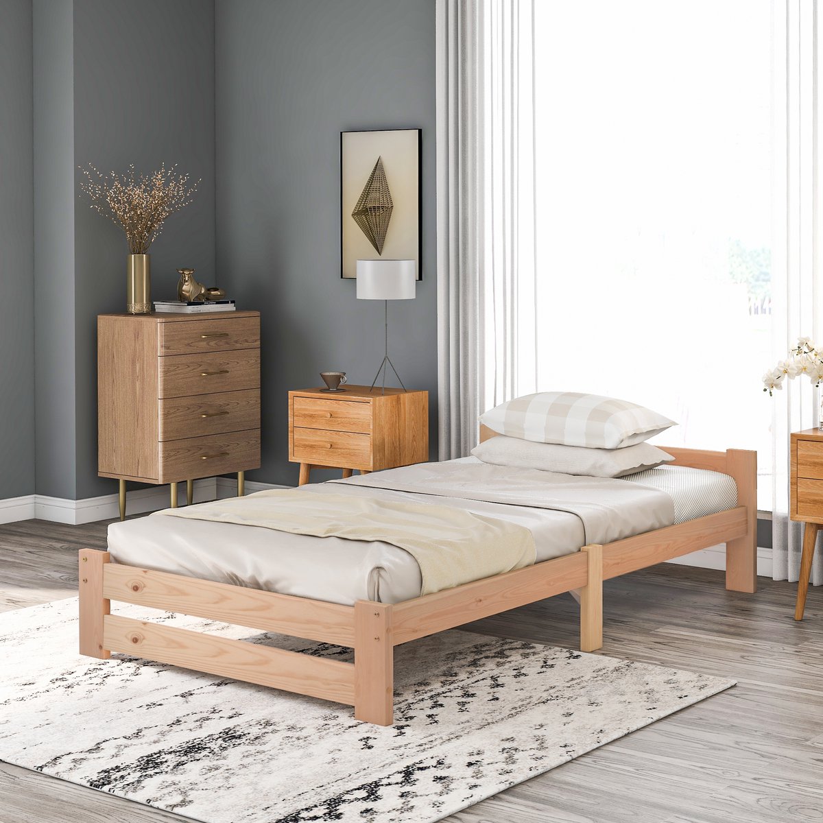 MODFU Massief Houten Vouwbed 90x200 cm – 205x97x49 cm – Met hoofdbord & lattenbodem – Naturel – Logeerbed Natuurlijk