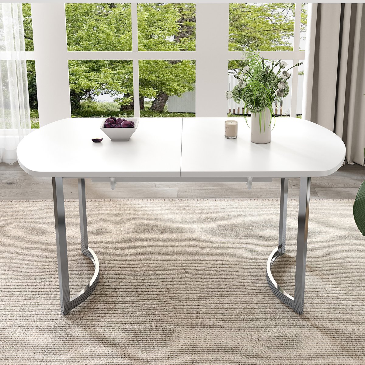 Wishdor Eettafel uitschuifbaar 140–180 cm, MDF wit blad met verzilverde poten, klassiek ontwerp