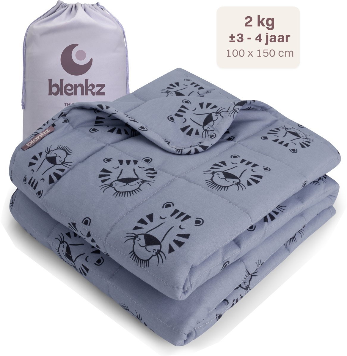 BLENKZ verzwaringsdeken kind 2kg - 95x125 - Tijger Blauw - verzwaringsdeken kind - van 3 tot ±4,5 jaar- zwaartedeken - verzwaringsdekens