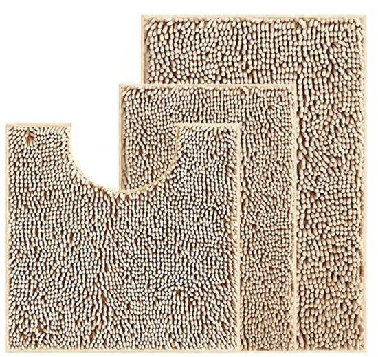Badmatten, set van 2 stuks, chenille, wasbare badmatset met U-vormig toilet, badmat
